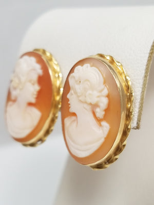 Lovely 14k Yellow Gold Carved Cameo Shell Earrings