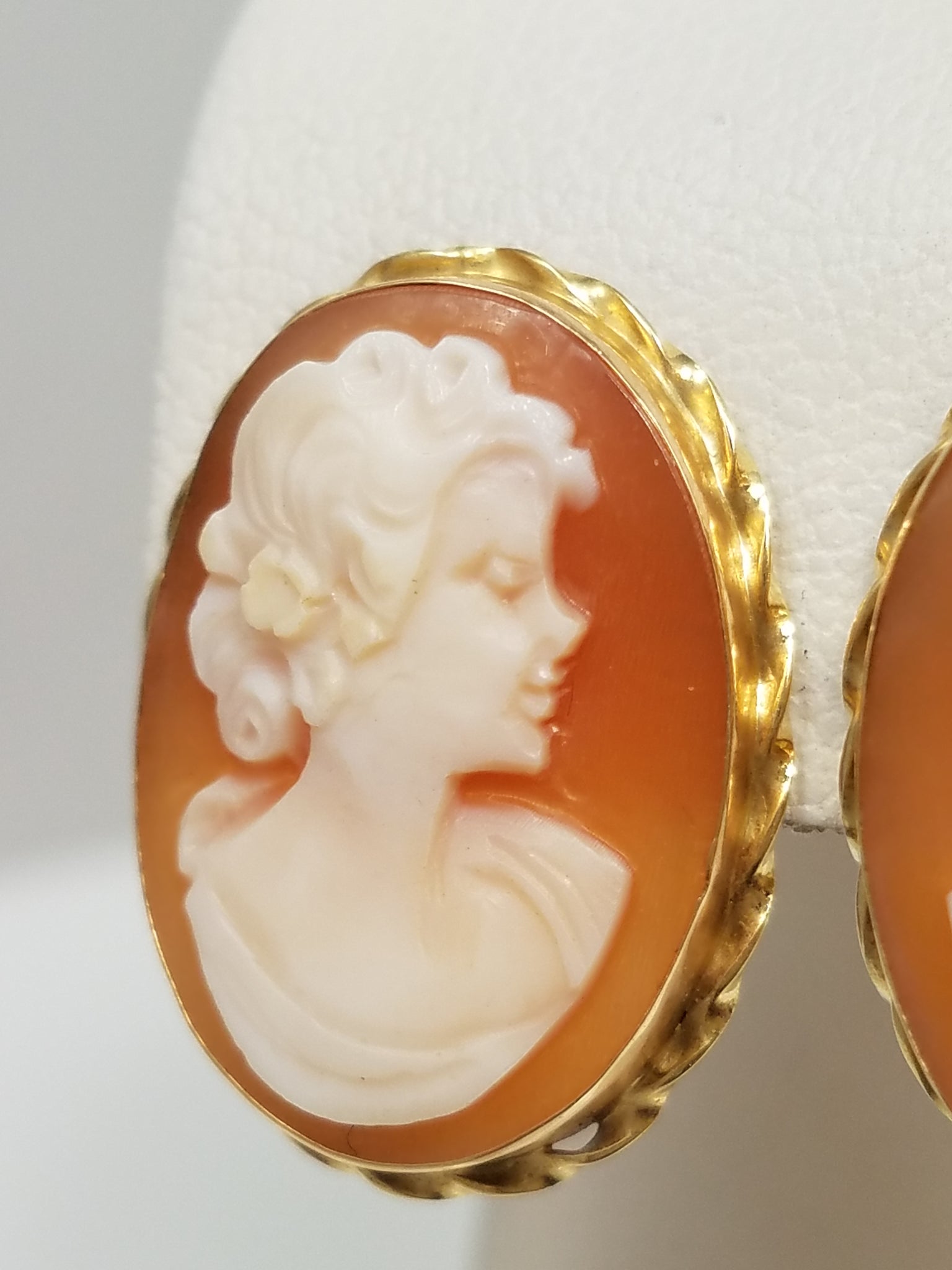 Lovely 14k Yellow Gold Carved Cameo Shell Earrings