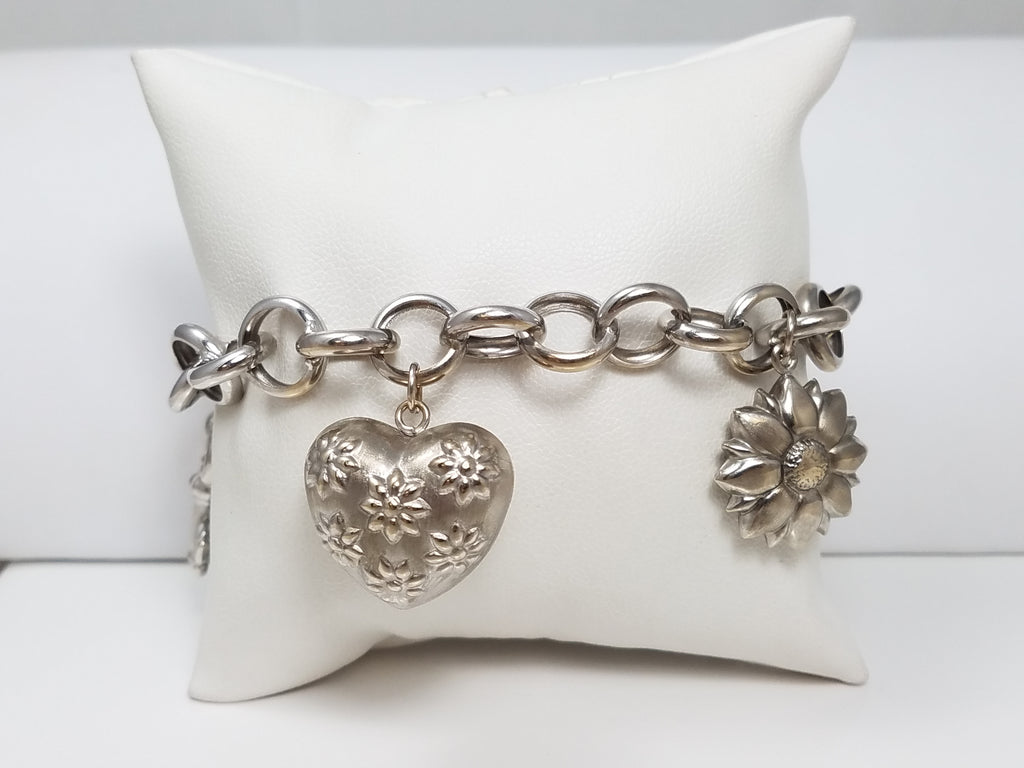 Cute 14k White Gold 8" Rolo Link 3-D Charm Bracelet