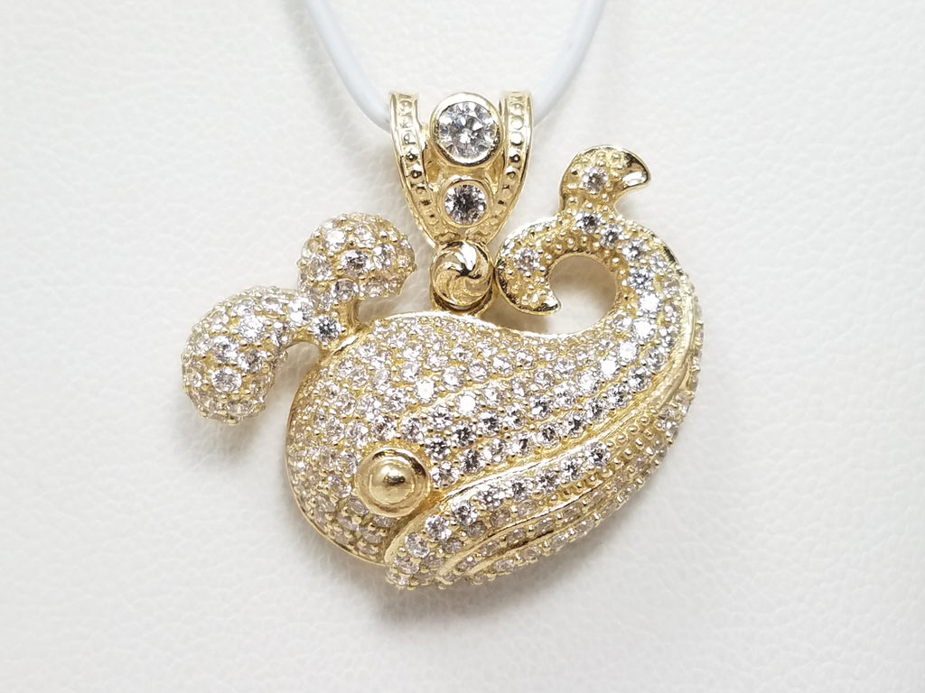 Cute 3D 10k Yellow Gold Cubic Zirconia Spouting Whale Pendant