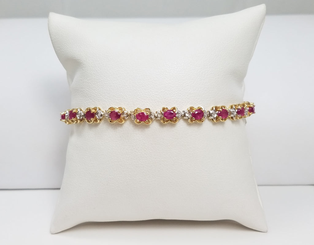 Natural Ruby and Diamond 14k Yellow Gold 7" Tennis Bracelet