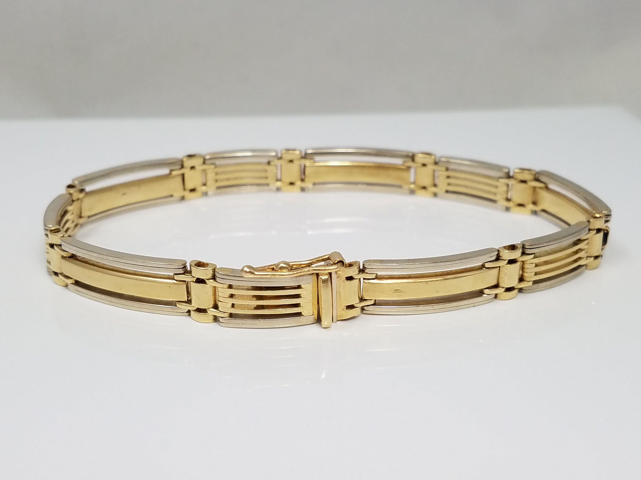 Sophisticated 8" Solid 14k Two Tone Gold Fancy Bar Link Bracelet