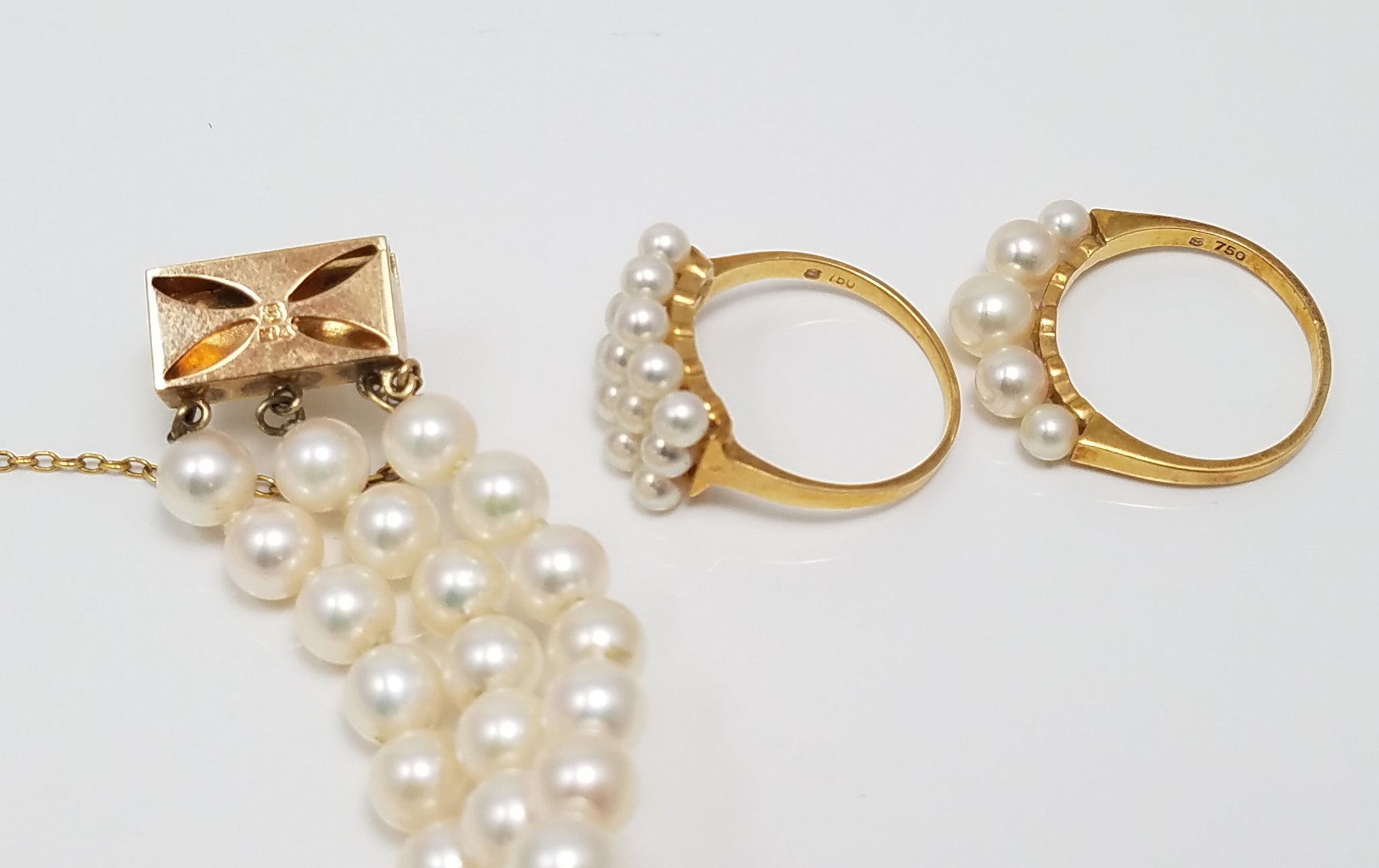Three Vintage 14k & 18k Yellow Gold Mikimoto Cultured Pearl Jewelry Set