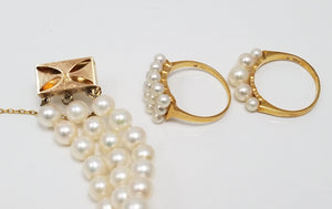 Three Vintage 14k & 18k Yellow Gold Mikimoto Cultured Pearl Jewelry Set