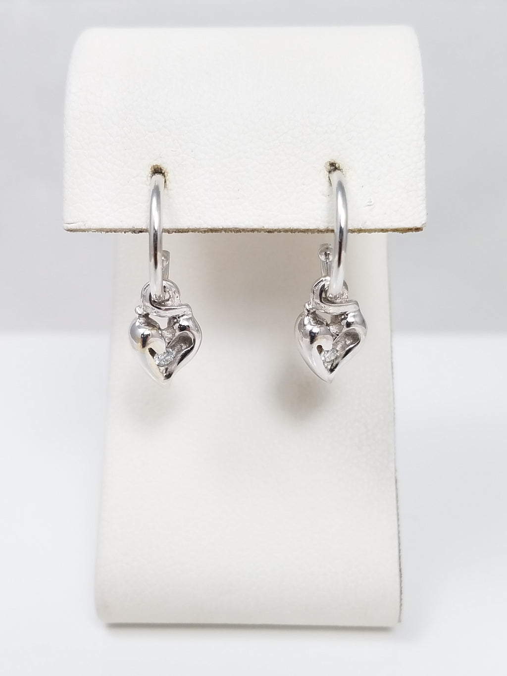 Playful 14k White Gold Hoop Dangling Heart Charm Earrings