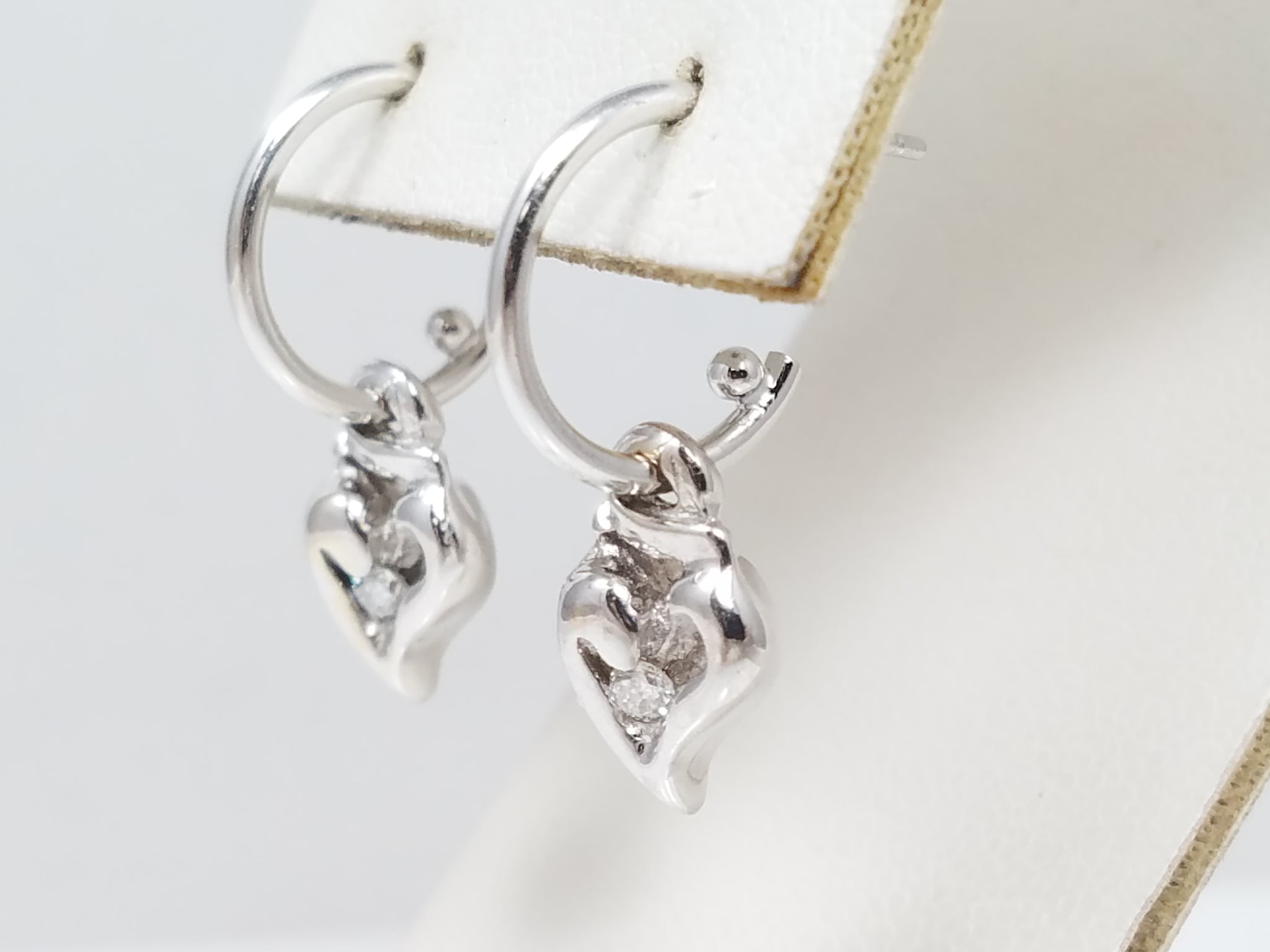 Playful 14k White Gold Hoop Dangling Heart Charm Earrings