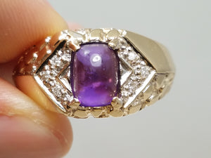 Fashionable 14k Yellow Gold Natural Amethyst Diamond Nugget Ring