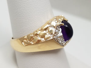 Fashionable 14k Yellow Gold Natural Amethyst Diamond Nugget Ring