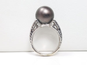 Exquisite 18k White Gold Tahitian Pearl Natural Diamond Filigree Ring