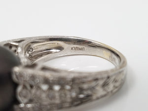 Exquisite 18k White Gold Tahitian Pearl Natural Diamond Filigree Ring