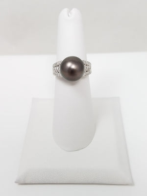 Exquisite 18k White Gold Tahitian Pearl Natural Diamond Filigree Ring