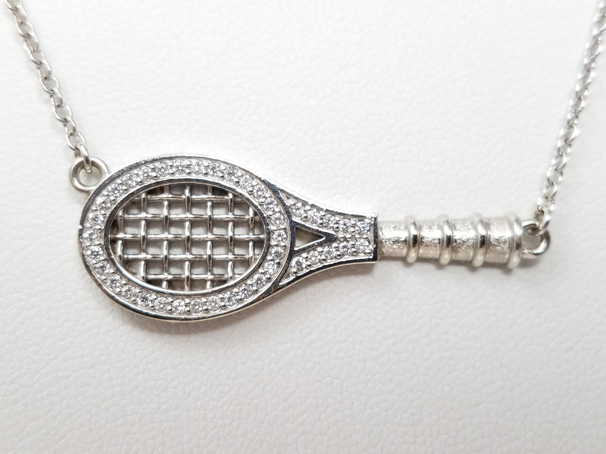Fun 16" Or 18" 14k White Gold Natural Diamond Tennis Racquet Necklace