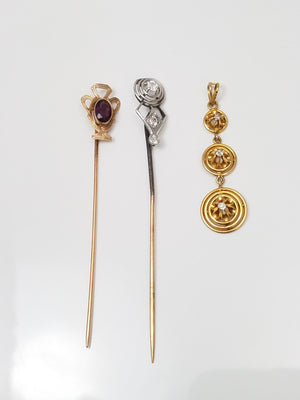 Vintage Lot: 8k Yellow Gold Pin, 8k Gold/Platinum Top Diamond Pin, & 10k Yellow Gold Diamond Pendant.