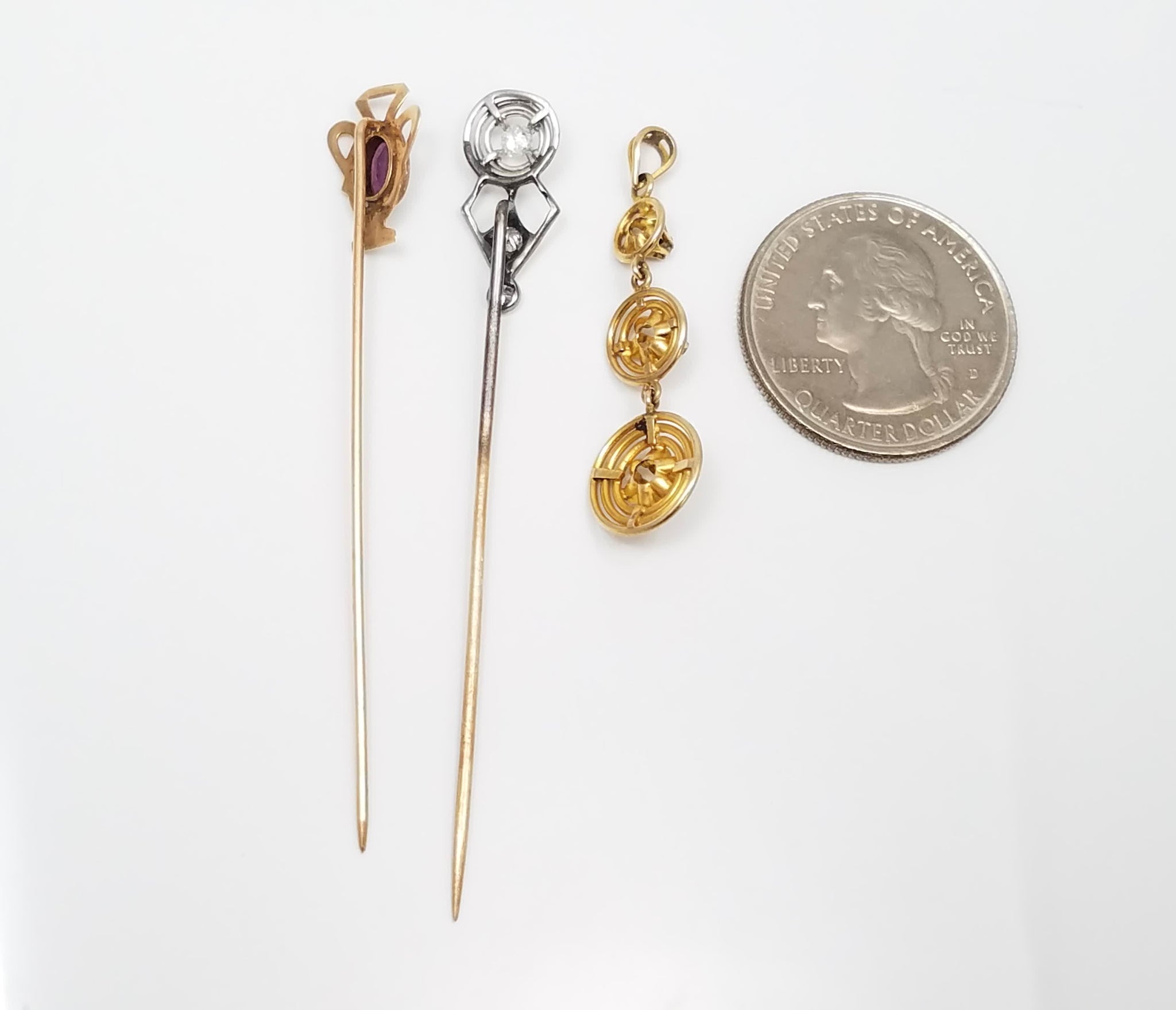 Vintage Lot: 8k Yellow Gold Pin, 8k Gold/Platinum Top Diamond Pin, & 10k Yellow Gold Diamond Pendant.