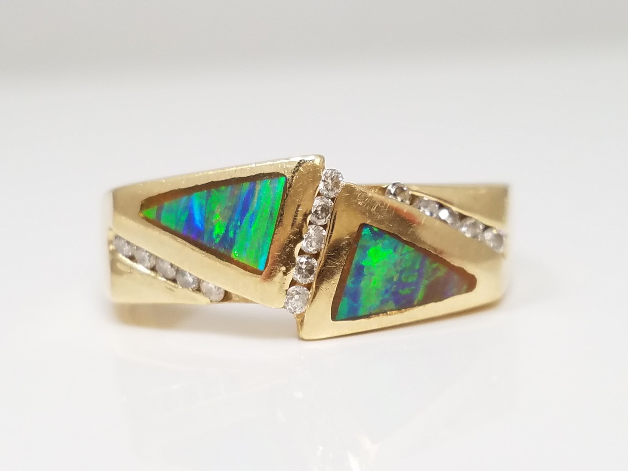 14k Yellow Gold Lab Opal Natural Diamond Ring