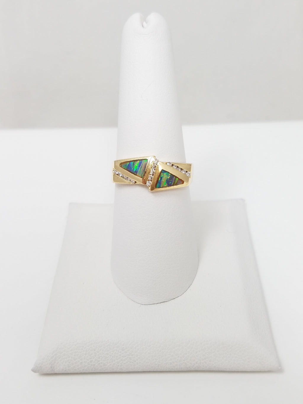14k Yellow Gold Lab Opal Natural Diamond Ring