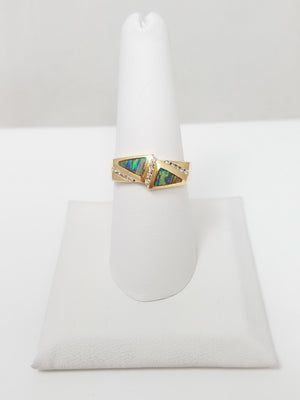 14k Yellow Gold Lab Opal Natural Diamond Ring