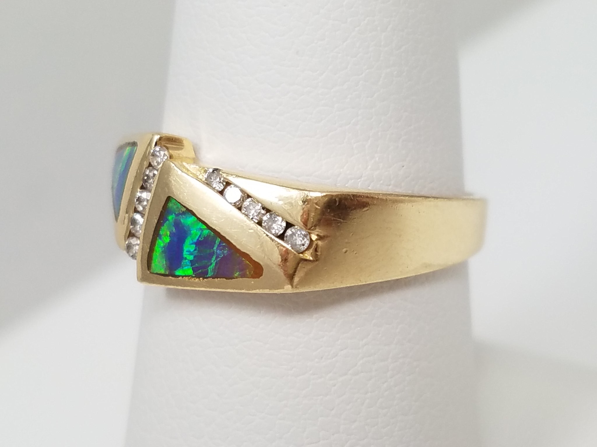 14k Yellow Gold Lab Opal Natural Diamond Ring