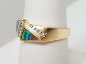 14k Yellow Gold Lab Opal Natural Diamond Ring