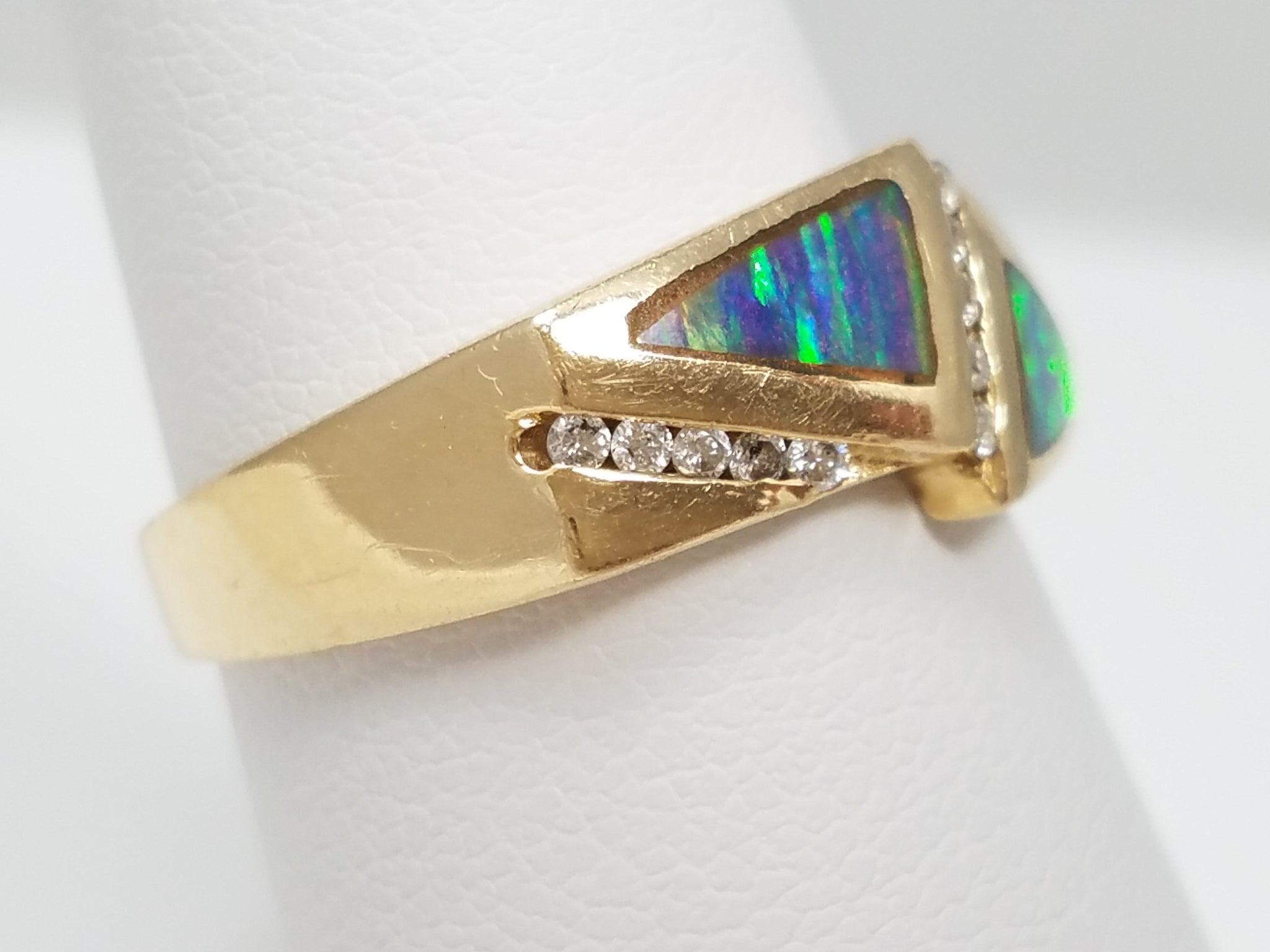14k Yellow Gold Lab Opal Natural Diamond Ring