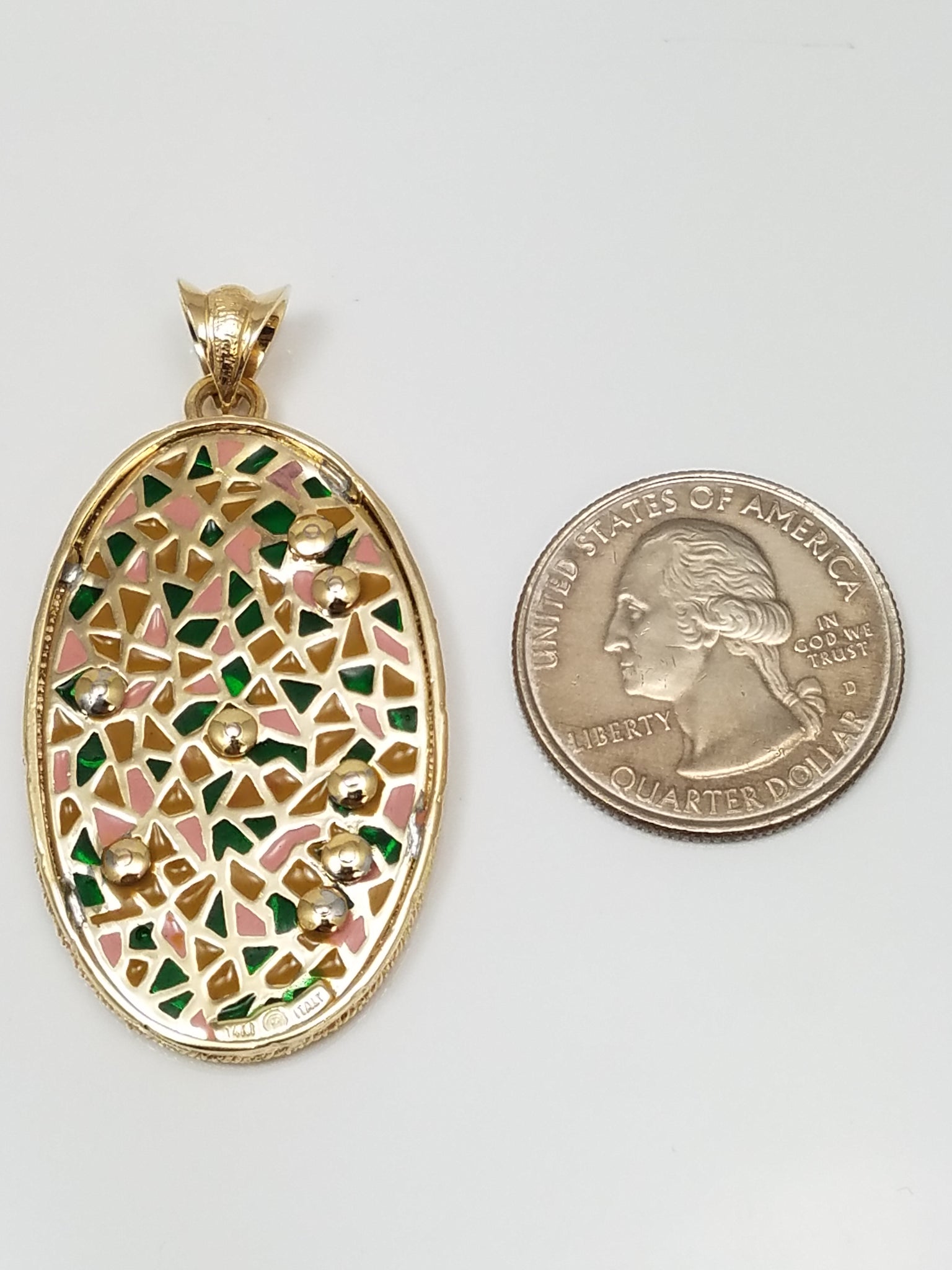 Stunning 14k Yellow Gold Plique-A-Jour Glass Enamel Natural Diamond Pendant