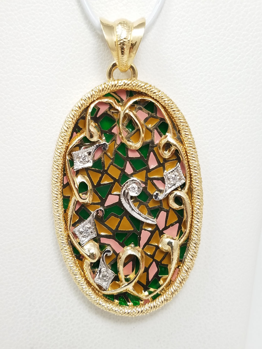 Stunning 14k Yellow Gold Plique-A-Jour Glass Enamel Natural Diamond Pendant