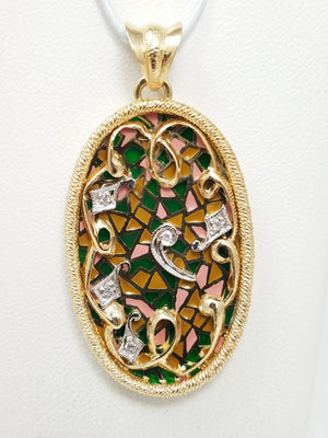 Stunning 14k Yellow Gold Plique-A-Jour Glass Enamel Natural Diamond Pendant
