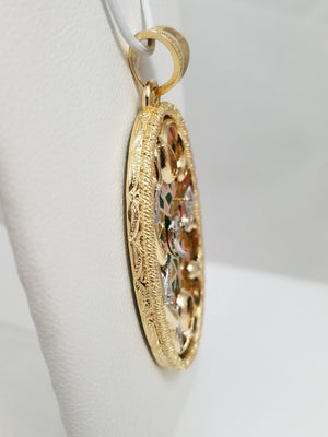 Stunning 14k Yellow Gold Plique-A-Jour Glass Enamel Natural Diamond Pendant