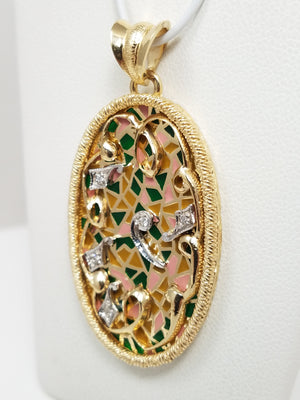Stunning 14k Yellow Gold Plique-A-Jour Glass Enamel Natural Diamond Pendant