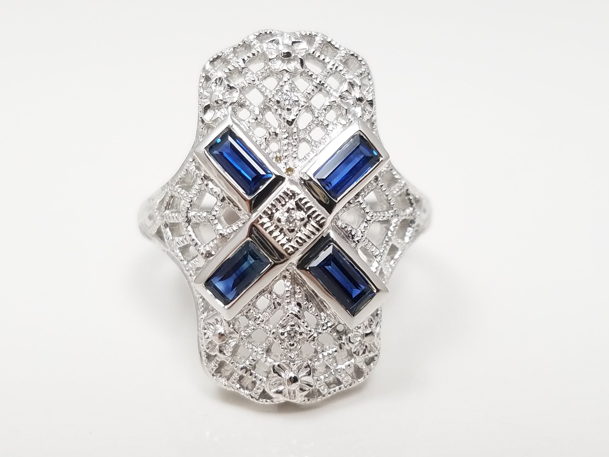 Fabulous 14k White Gold Natural Sapphire Diamond Pierced Ring