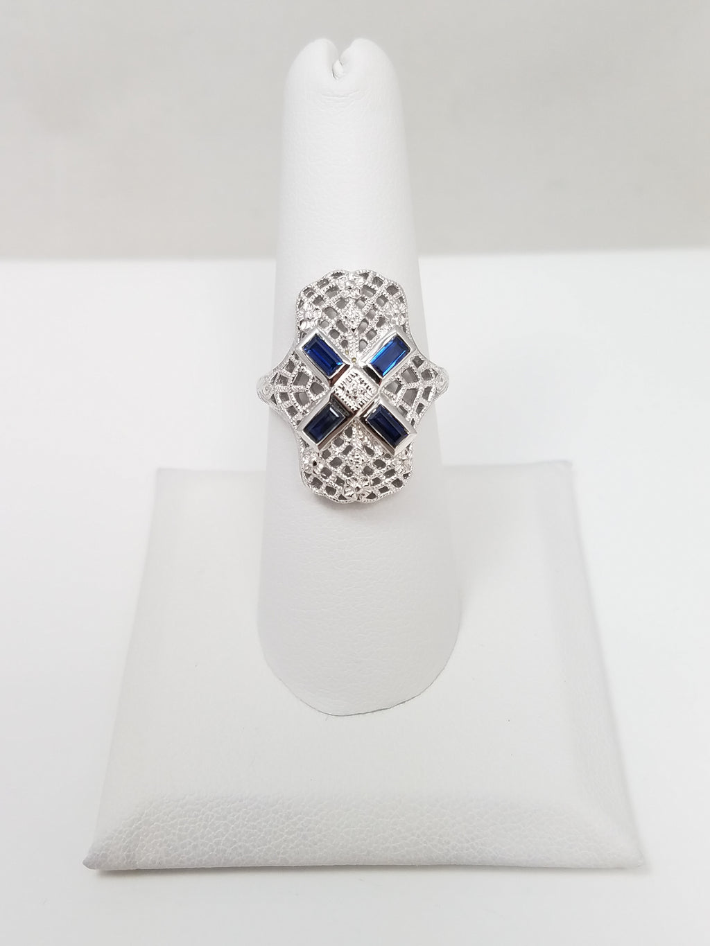 Fabulous 14k White Gold Natural Sapphire Diamond Pierced Ring
