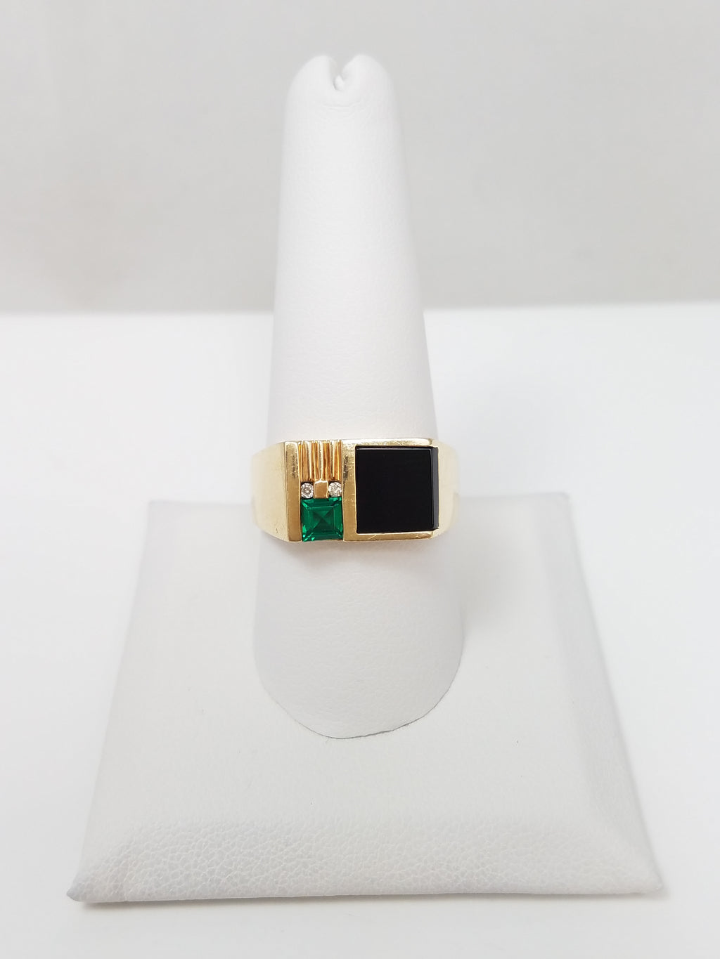 Dynamic 10k Yellow Gold Lab Created Emerald Natural Onyx Diamond Ring