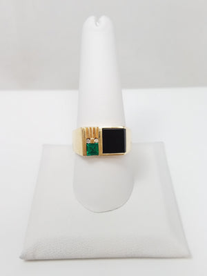 Dynamic 10k Yellow Gold Lab Created Emerald Natural Onyx Diamond Ring