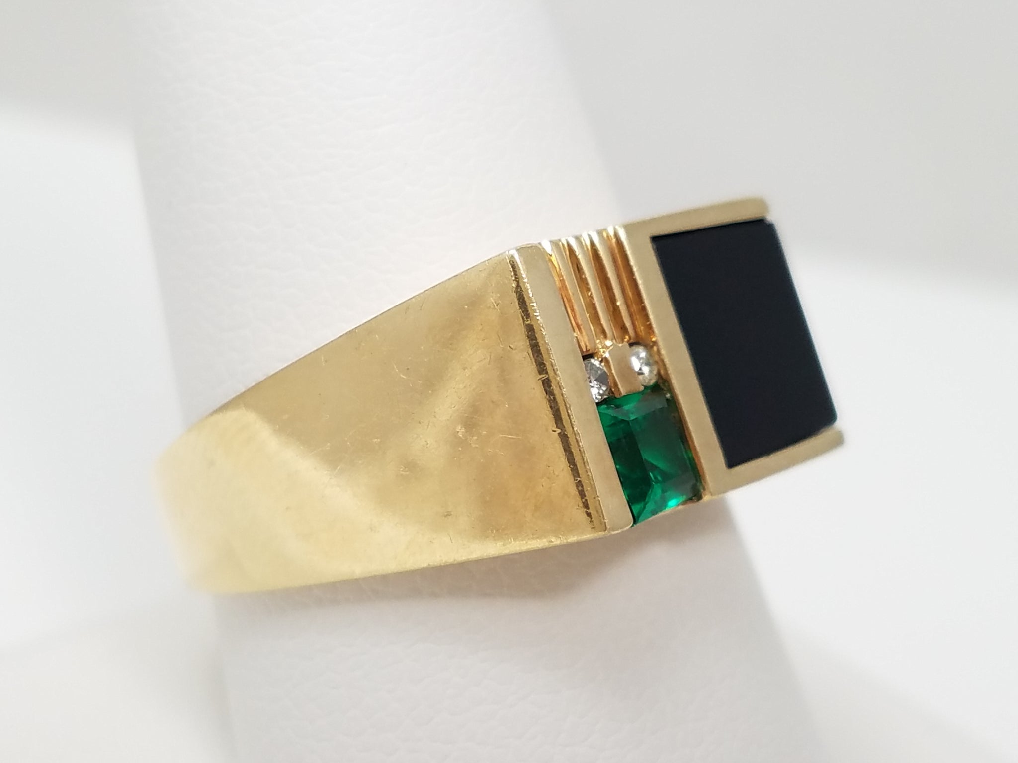 Dynamic 10k Yellow Gold Lab Created Emerald Natural Onyx Diamond Ring