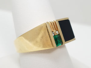 Dynamic 10k Yellow Gold Lab Created Emerald Natural Onyx Diamond Ring