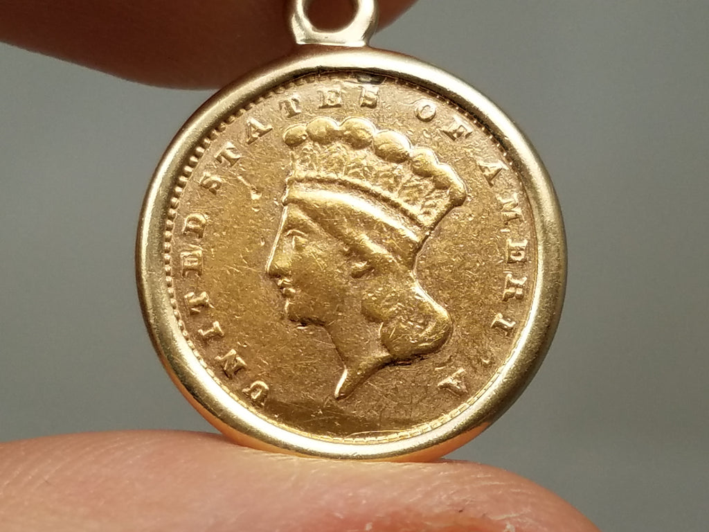 Enchanting 1874 U.S. Indian Princess $1 Gold Coin 14k Yellow Gold Pendant