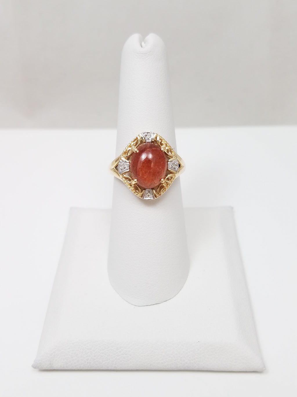 Sophisticated 10k Two Tone Gold Man Made Goldstone Natural Diamond Ring