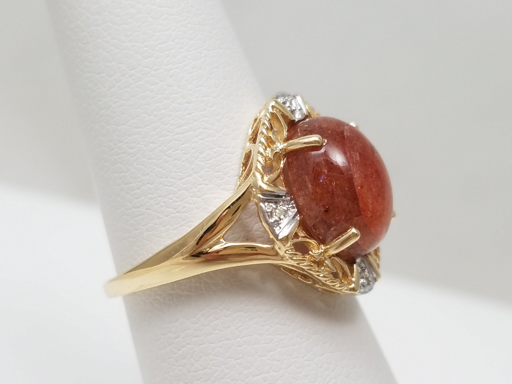 Sophisticated 10k Two Tone Gold Man Made Goldstone Natural Diamond Ring