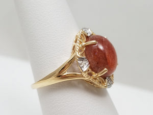 Sophisticated 10k Two Tone Gold Man Made Goldstone Natural Diamond Ring