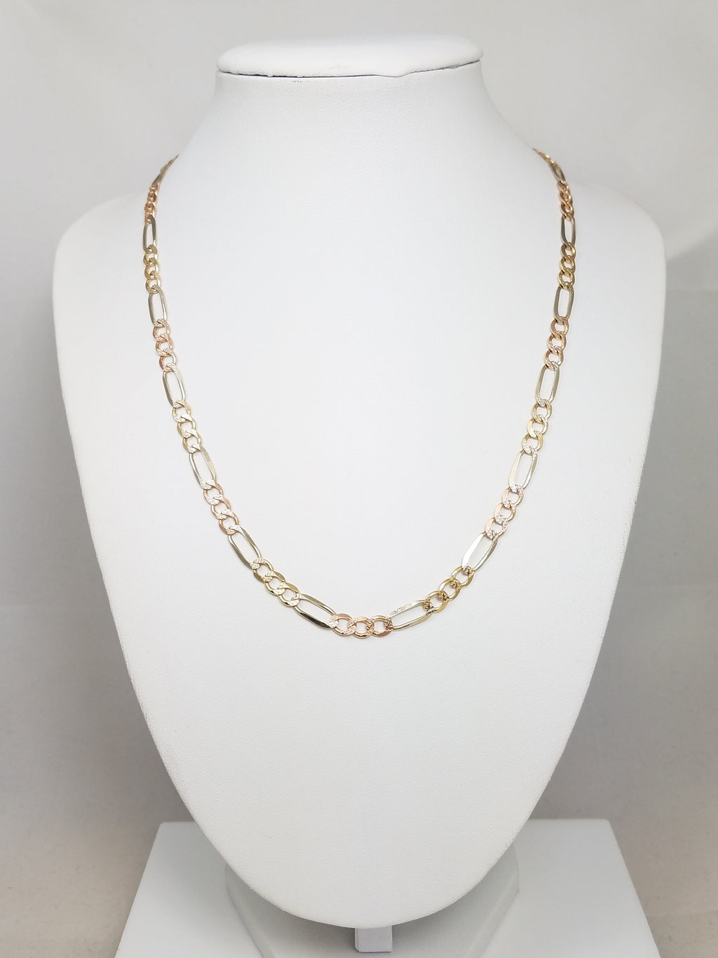 Flashy 18" 14k Tri Color Gold Textured Figaro Link Chain Necklace