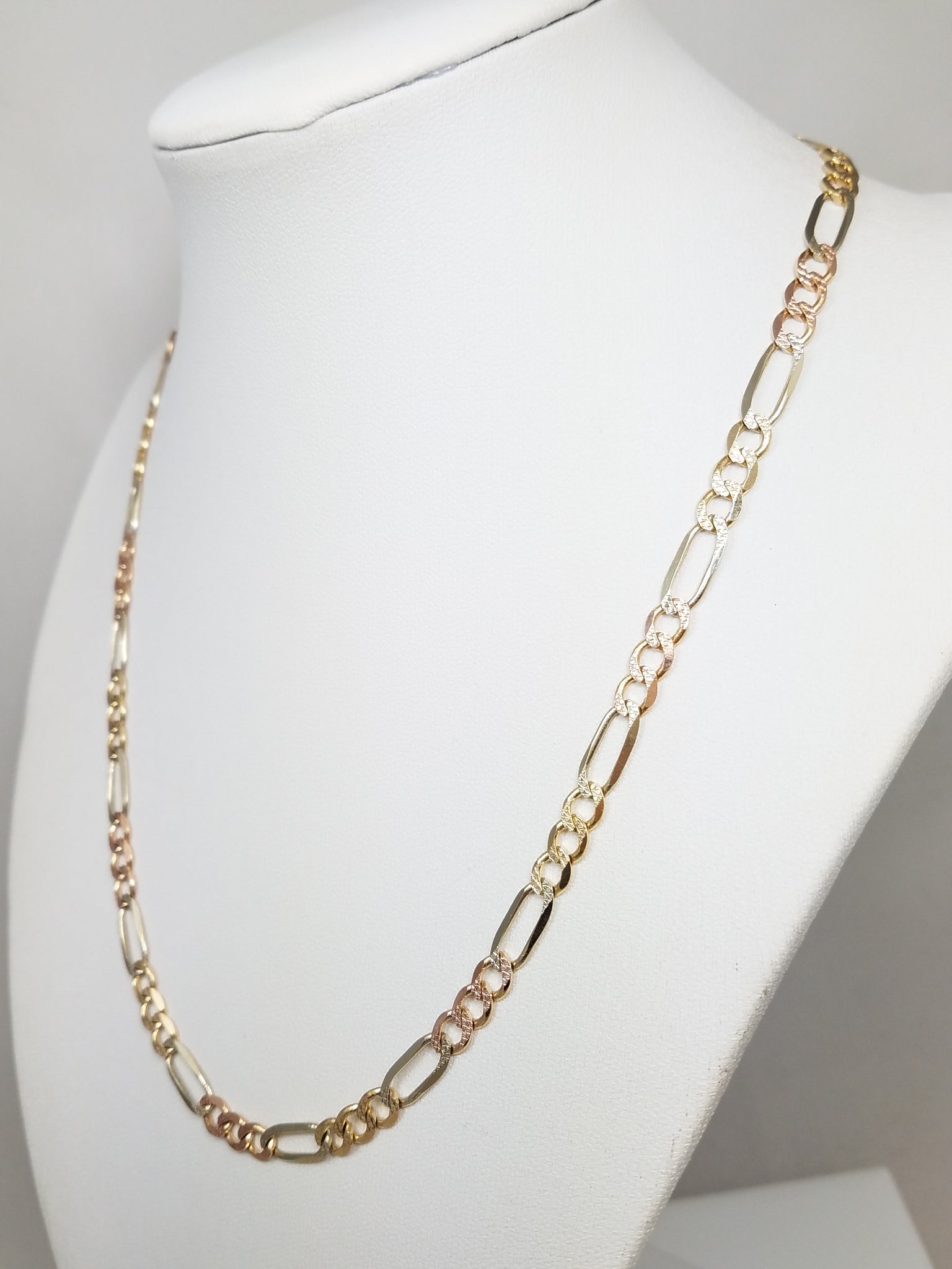 Flashy 18" 14k Tri Color Gold Textured Figaro Link Chain Necklace