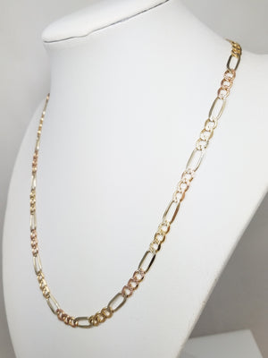 Flashy 18" 14k Tri Color Gold Textured Figaro Link Chain Necklace