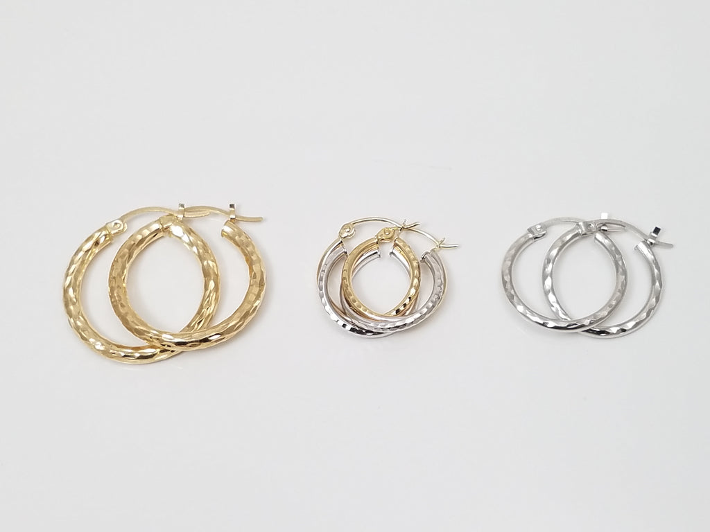 Three Pairs of 10k Gold Hollow Diamond Cut Hoop Earrings