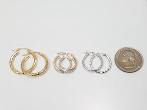 Three Pairs of 10k Gold Hollow Diamond Cut Hoop Earrings