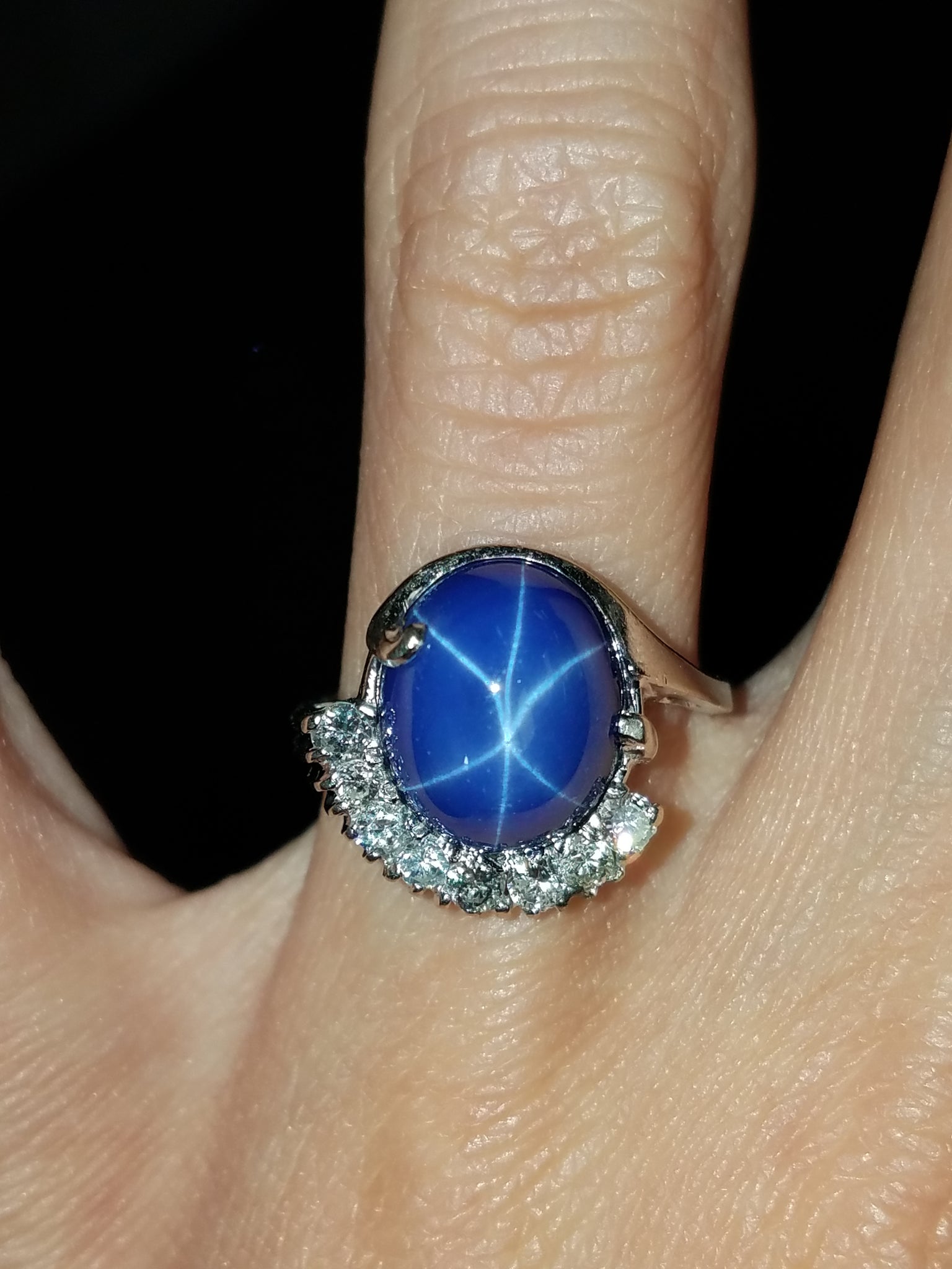 Vintage 14k White Gold Lab Star Sapphire Diamond Ring