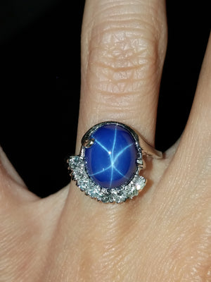 Vintage 14k White Gold Lab Star Sapphire Diamond Ring