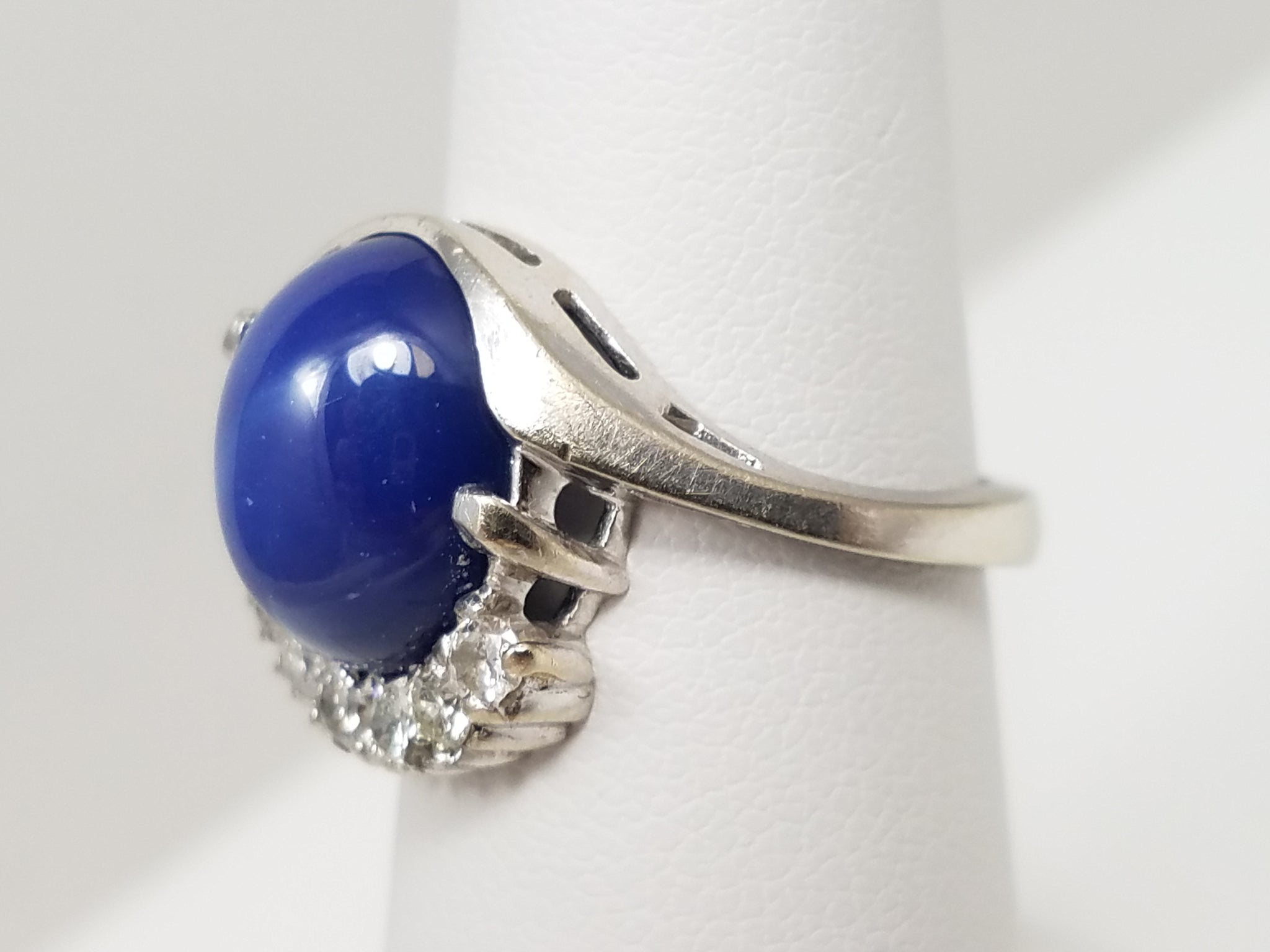 Vintage 14k White Gold Lab Star Sapphire Diamond Ring