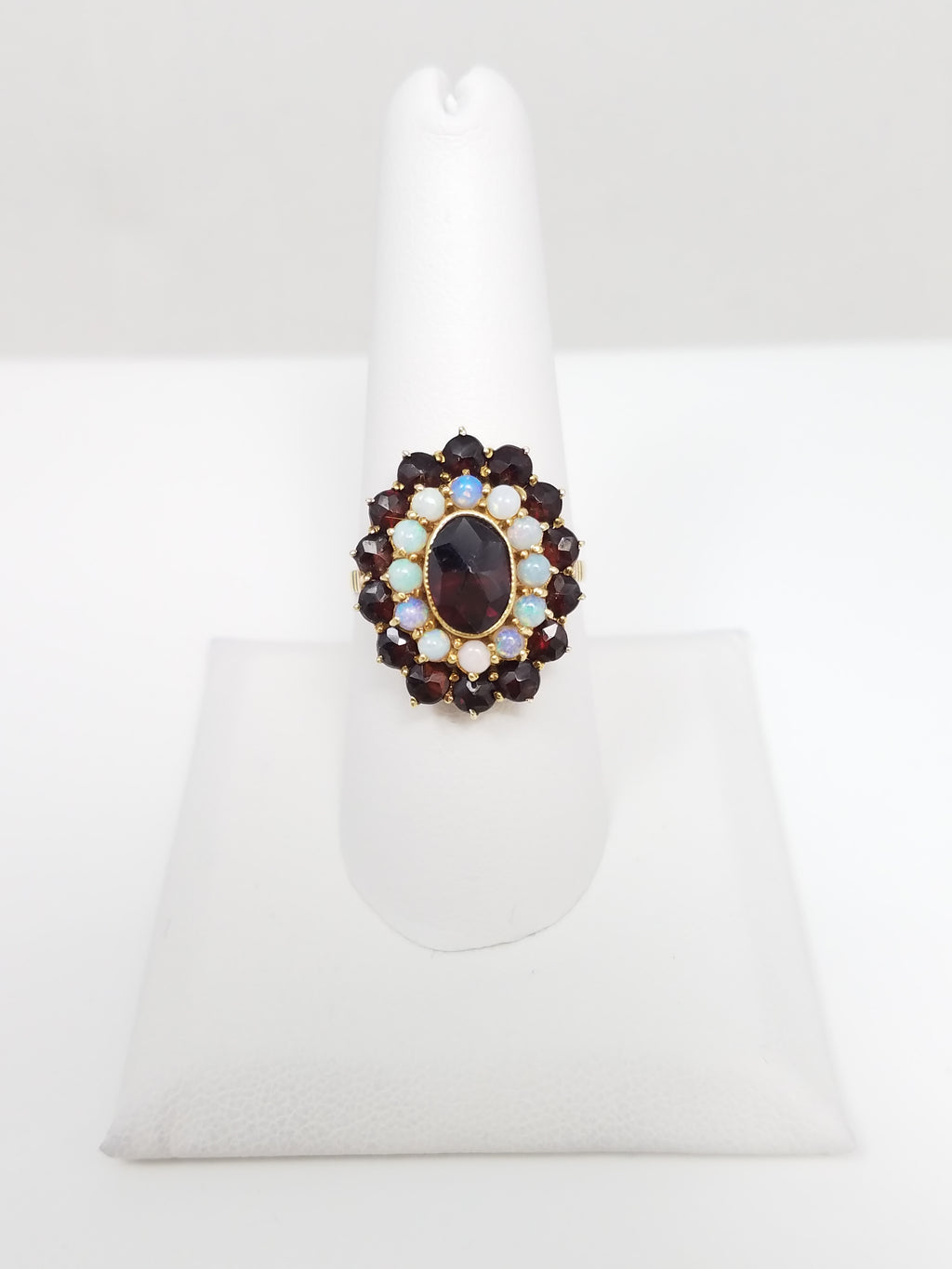 Elaborate Vintage 14k Yellow Gold Natural Garnet Opal Ring