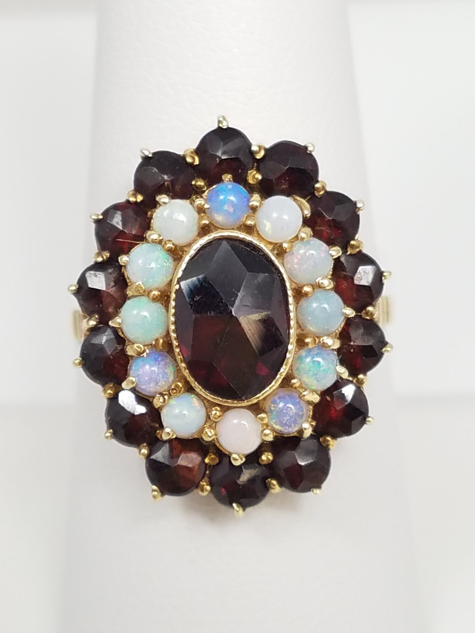 Elaborate Vintage 14k Yellow Gold Natural Garnet Opal Ring