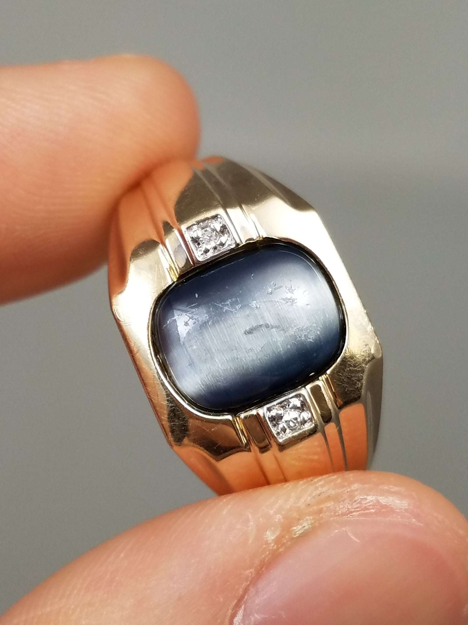 Men's 10k Yellow Gold Lab Cat's Eye Natural Diamond Ring